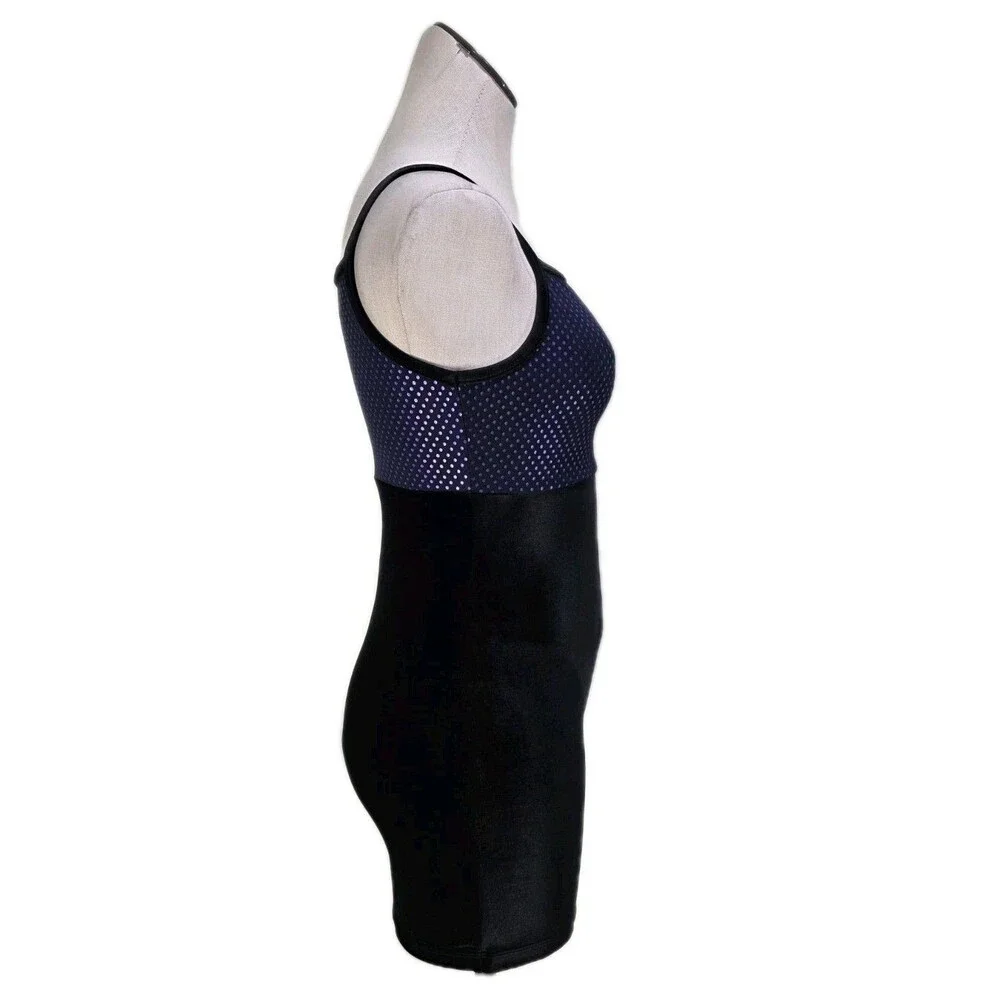 GK Elite VTG Purple Pixelated Metallic Black Velvet Logo Biketard Leotard AL